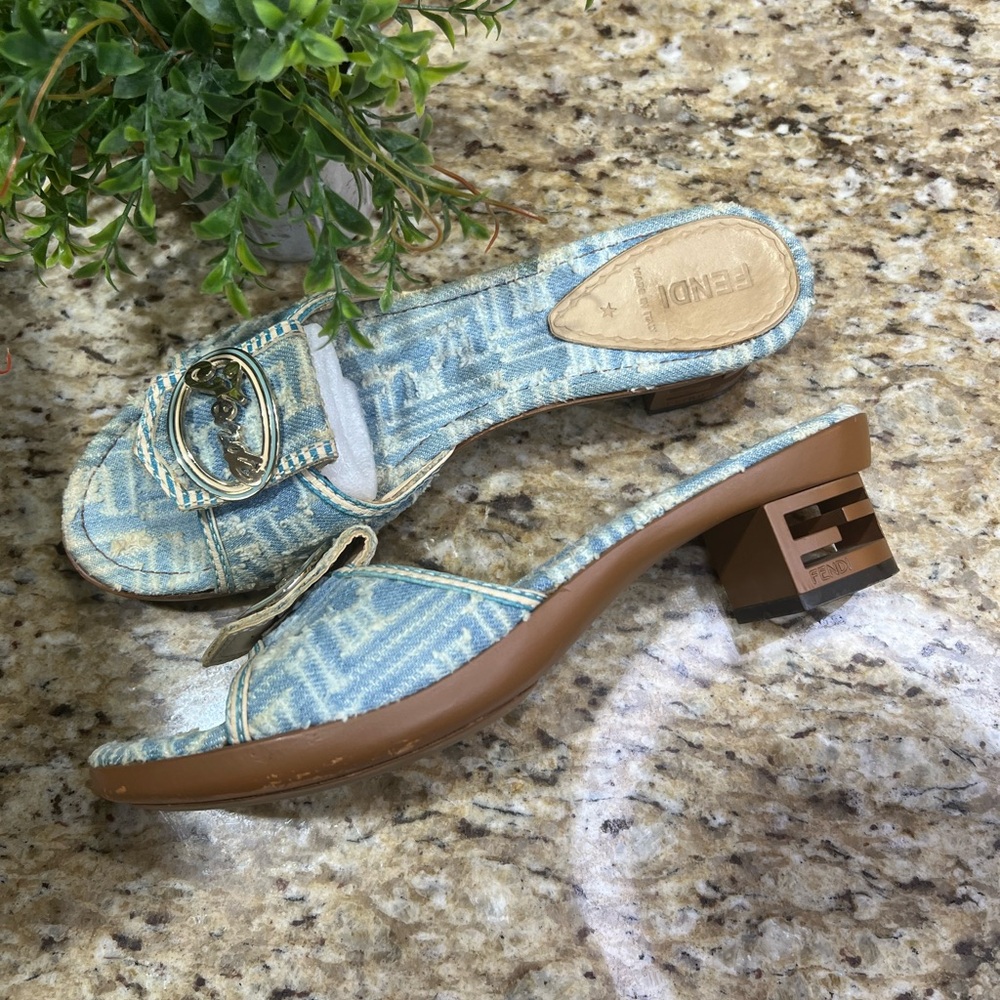 Fendi Distressed Denim w/ Gold Hardware & Cutout Block Heel Mules 38.5